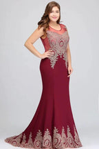 Mermaid Crew Floor Length Sleeveless Appliques Burgundy Evening Dresses