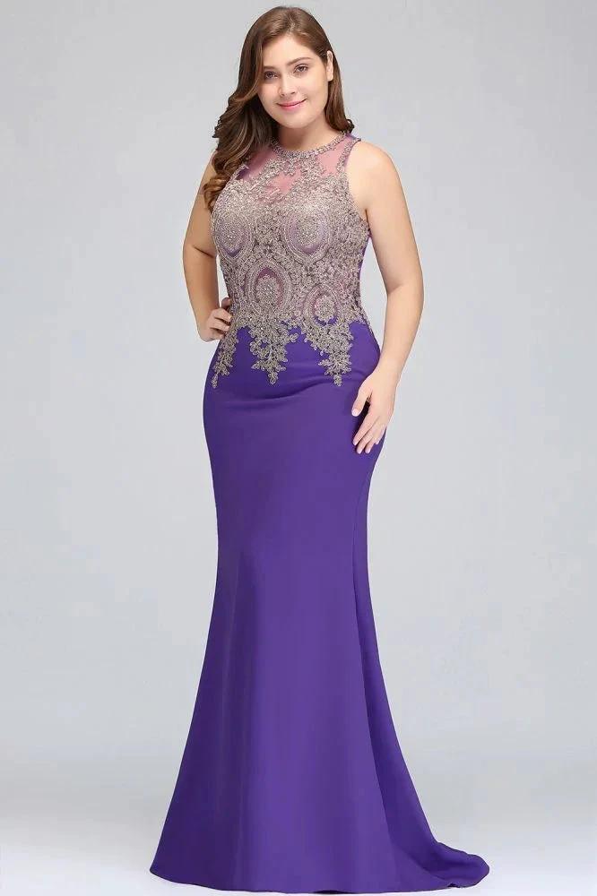 Mermaid Crew Floor Length Sleeveless Plus size Evening Dresses with Appliques