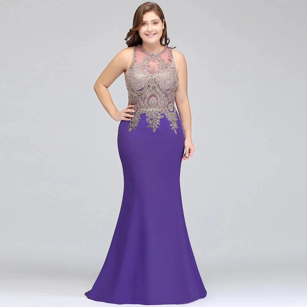 Mermaid Crew Floor Length Sleeveless Plus size Evening Dresses with Appliques
