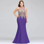 Mermaid Crew Floor Length Sleeveless Plus size Evening Dresses with Appliques
