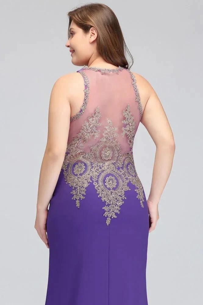 Mermaid Crew Floor Length Sleeveless Plus size Evening Dresses with Appliques