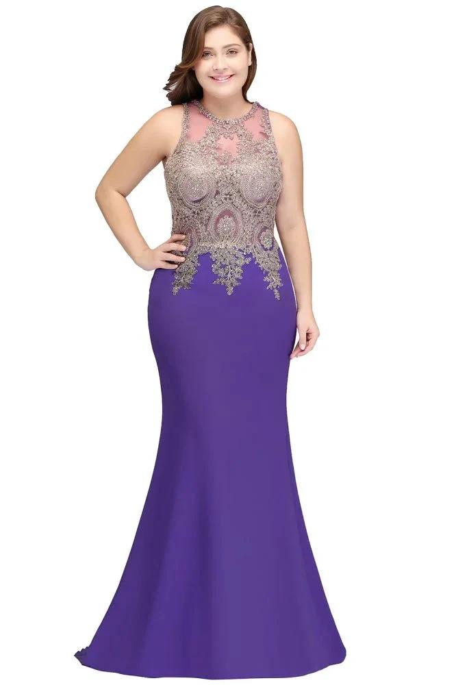 Mermaid Crew Floor Length Sleeveless Plus size Evening Dresses with Appliques
