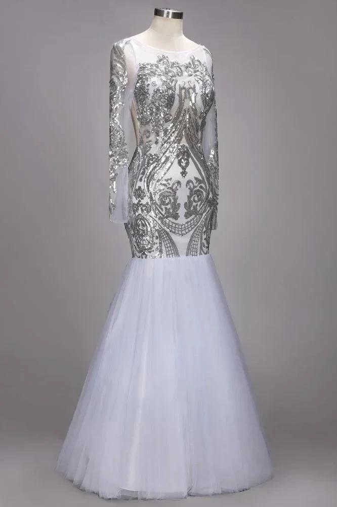 Mermaid Floor Length Long Sleeves Sequined Patterns Plus Size Tulle Prom Dresses