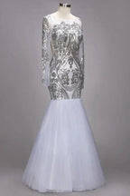 Mermaid Floor Length Long Sleeves Sequined Patterns Plus Size Tulle Prom Dresses