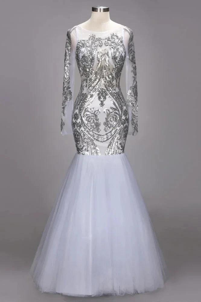 Mermaid Floor Length Long Sleeves Sequined Patterns Plus Size Tulle Prom Dresses