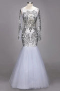 Mermaid Floor Length Long Sleeves Sequined Patterns Plus Size Tulle Prom Dresses