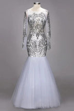 Mermaid Floor Length Long Sleeves Sequined Patterns Plus Size Tulle Prom Dresses