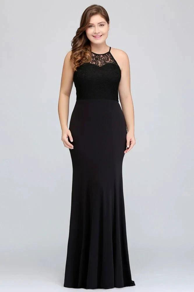 Mermaid Halter Floor Length Plus size Black Evening Dresses with Lace