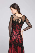 Mermaid Jewel Neck Long Tulle Red Sexy Evening Dresses with Beading