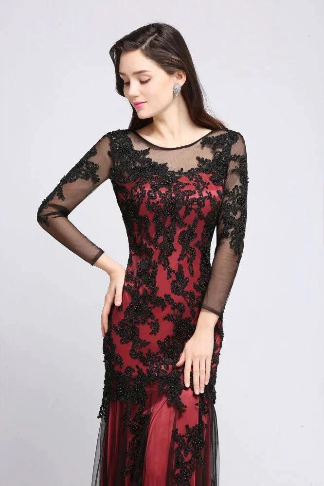 Mermaid Jewel Neck Long Tulle Red Sexy Evening Dresses with Beading