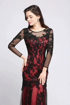 Mermaid Jewel Neck Long Tulle Red Sexy Evening Dresses with Beading