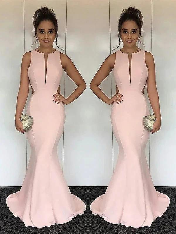 Mermaid Jewel Sleeveless With Ruched Silk like Satin Prom Dresses