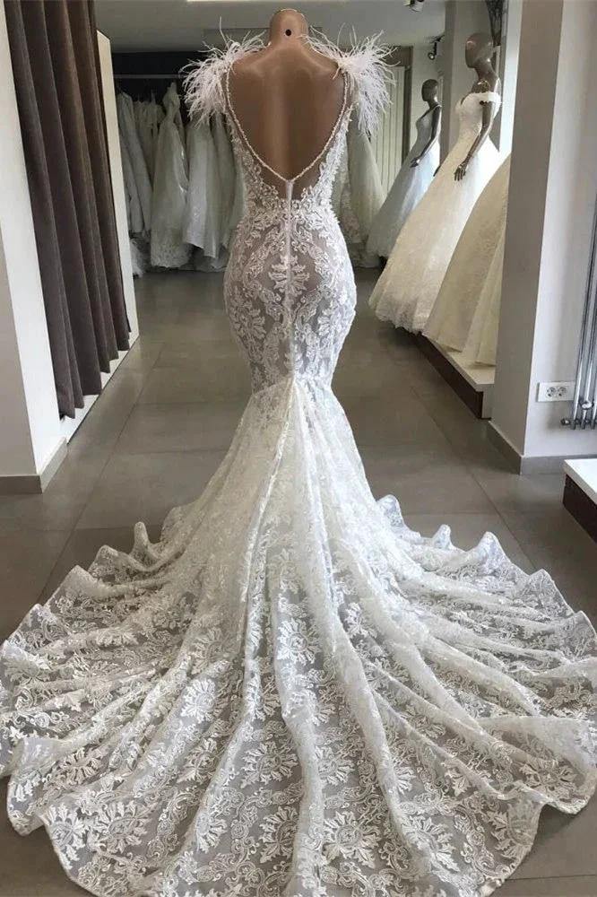 Mermaid Lace Crystals Necklace Wedding Dress Bridal Wears with Feather