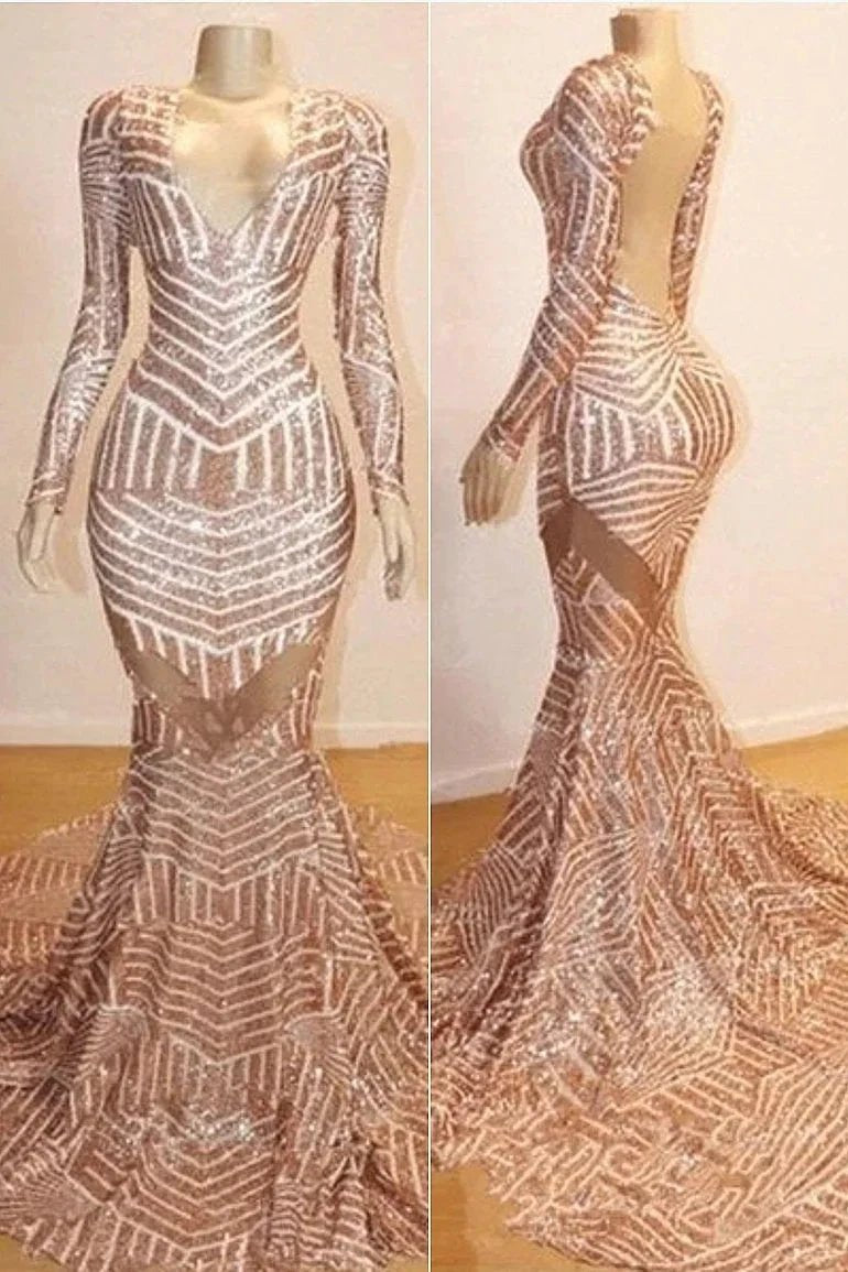 Mermaid Long Sleeves V-neck Sequined Sweep Train Prom Dresses