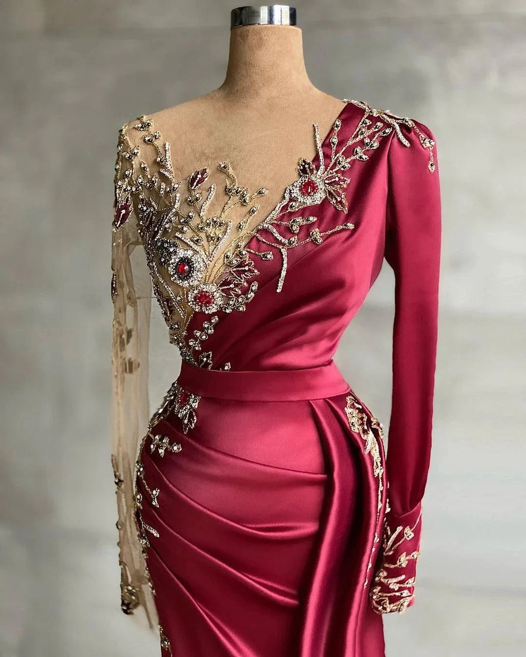 Mermaid Long V-neck Satin Burgundy Prom Dress with Sleeves