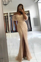 Mermaid Off-the-Shoulder Front Slit Long Sequins Prom Dress With Sleeves