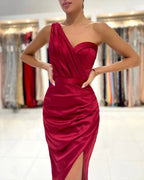 Mermaid One Shoulder Satin Short Prom Dress with slit