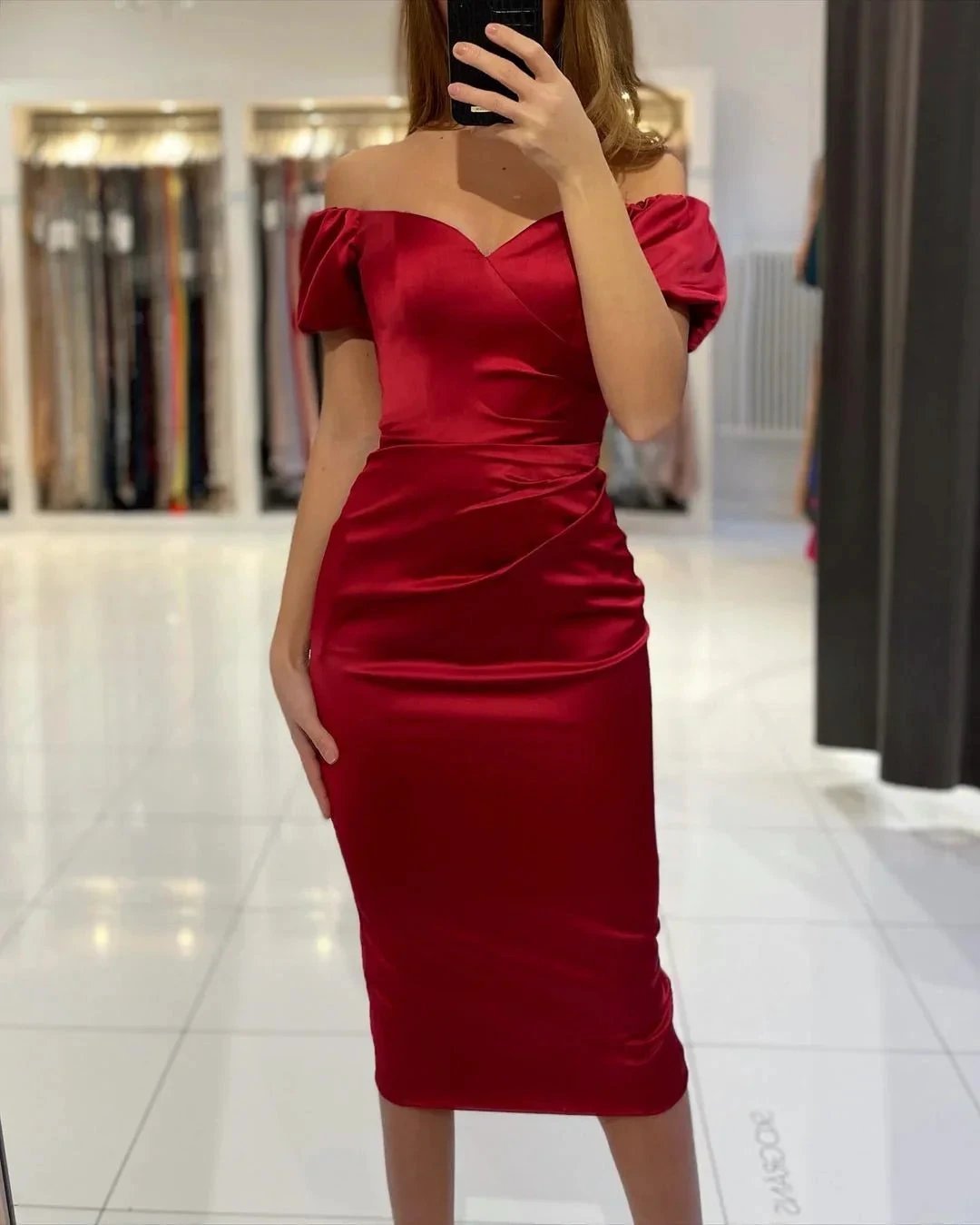 Mermaid Satin Off the Shoulder Short Prom Dresses with Sleeves