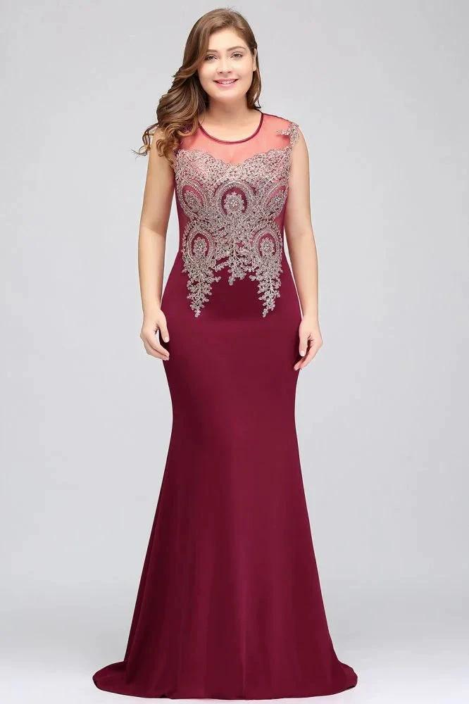 Mermaid Scoop Floor Length Plus size Sleeveless Appliques Burgundy Evening Dresses