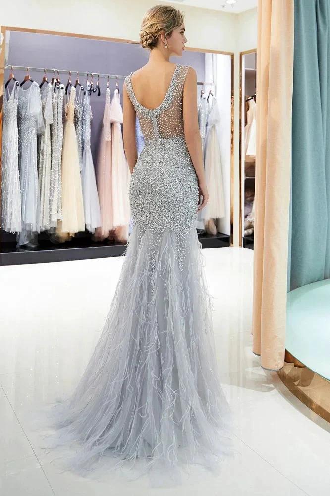 Mermaid Sleeveless Illusion Neckline Crystal Sqeuined Tulle Evening Dress