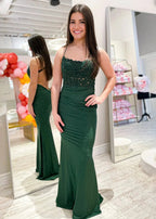 Jimena | Mermaid Spaghetti Straps Dark Green Long Prom Dress with Appliques