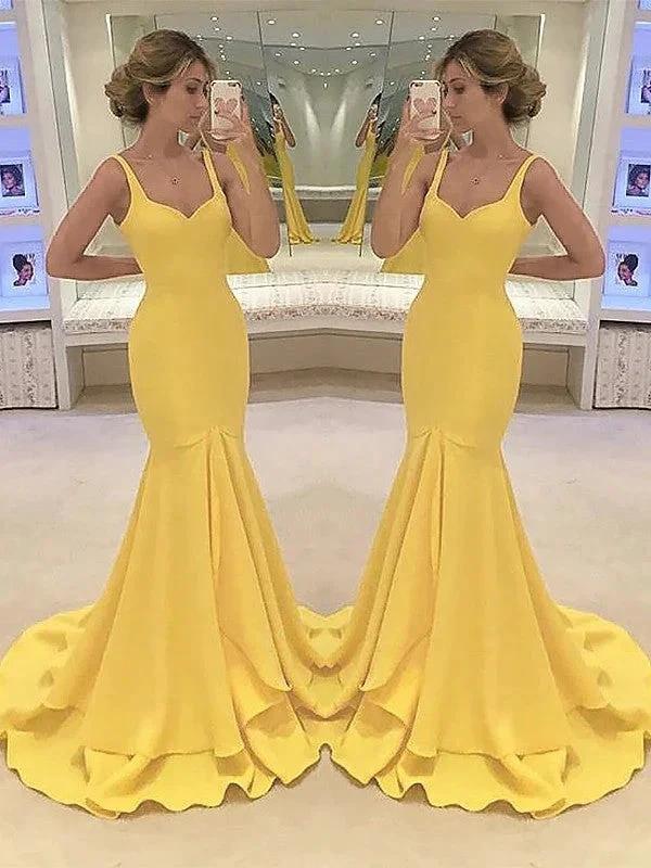 Mermaid Spaghetti Straps Sleeveless With Layers Satin Prom Dresses