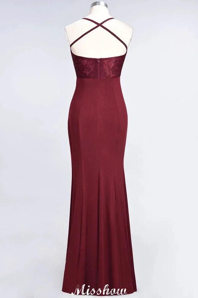 Mermaid spandex Lace Spaghetti-Straps Sleeveless Floor-Length Bridesmaid Dress
