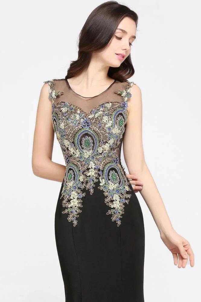Mermaid Sweep Train Black Sleeveless Evening Dresses with Appliques