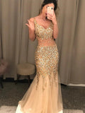 Mermaid V Neck Long Backless Prom Dresses Tulle Beads Formal Evening Gowns