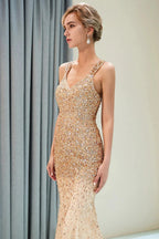 Mermaid V-neck Sleeveless Crystals Beading Long Evening Dresses