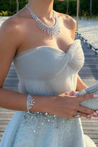 Mika | Strapless A-Line Tulle Long Prom Dress With Beading