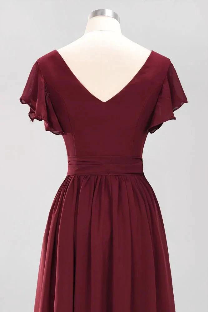 Elegant A-line V-Neck Short Sleeve Bridesmaid Dresses with Bow Sash Floor-Length Chiffon Evening Dress