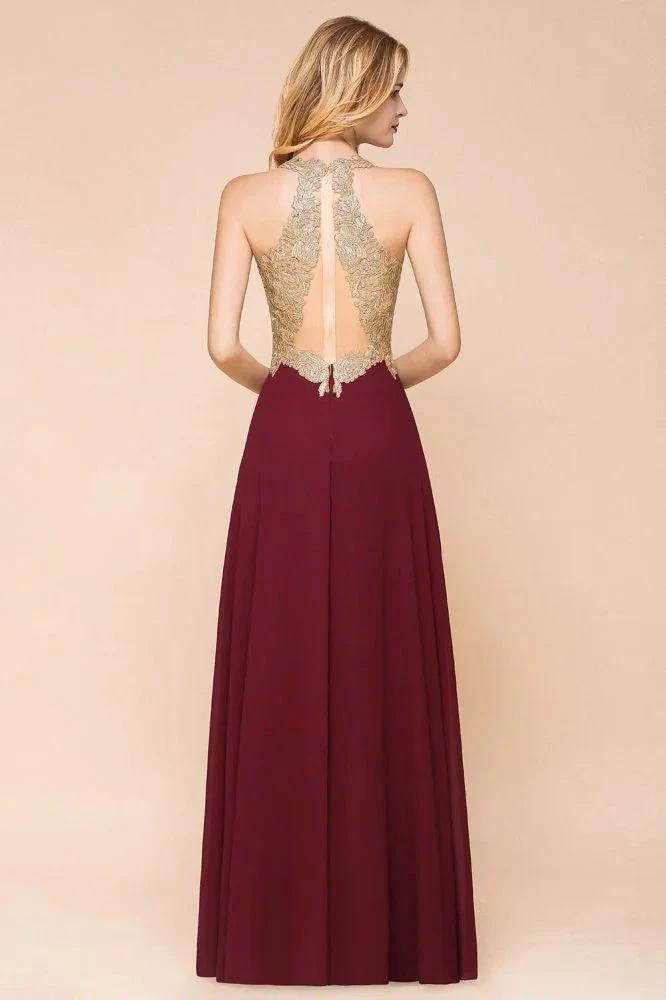 Women's Gold Appliques Evening Formal Dress Chiffon Lace Prom Long Ball Gown