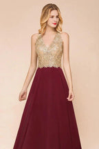 Women's Gold Appliques Evening Formal Dress Chiffon Lace Prom Long Ball Gown
