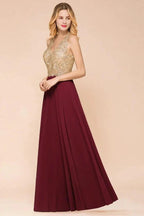 Women's Gold Appliques Evening Formal Dress Chiffon Lace Prom Long Ball Gown