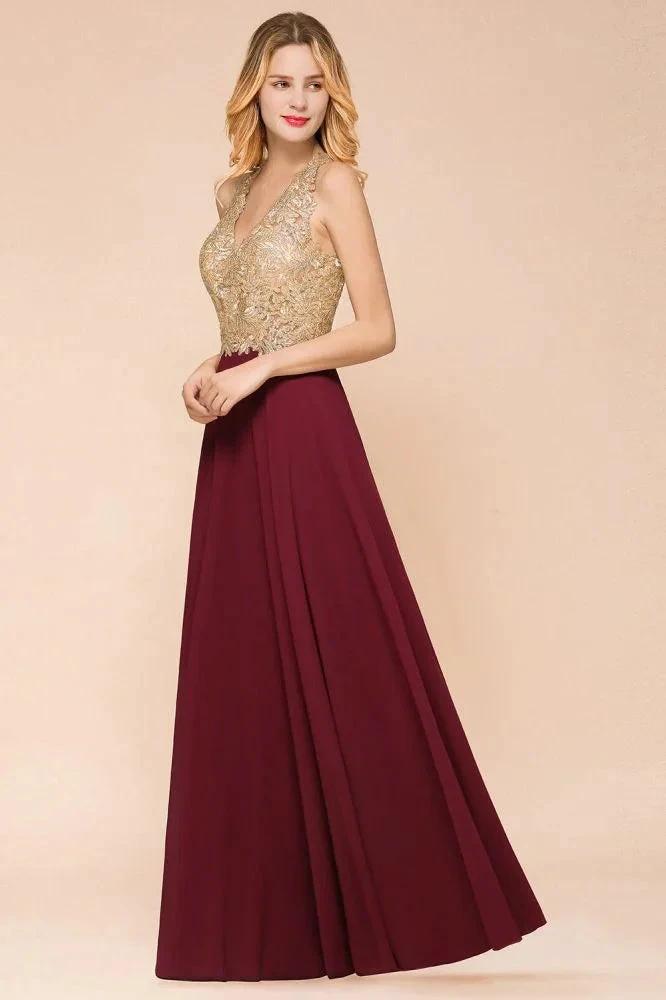 Women's Gold Appliques Evening Formal Dress Chiffon Lace Prom Long Ball Gown