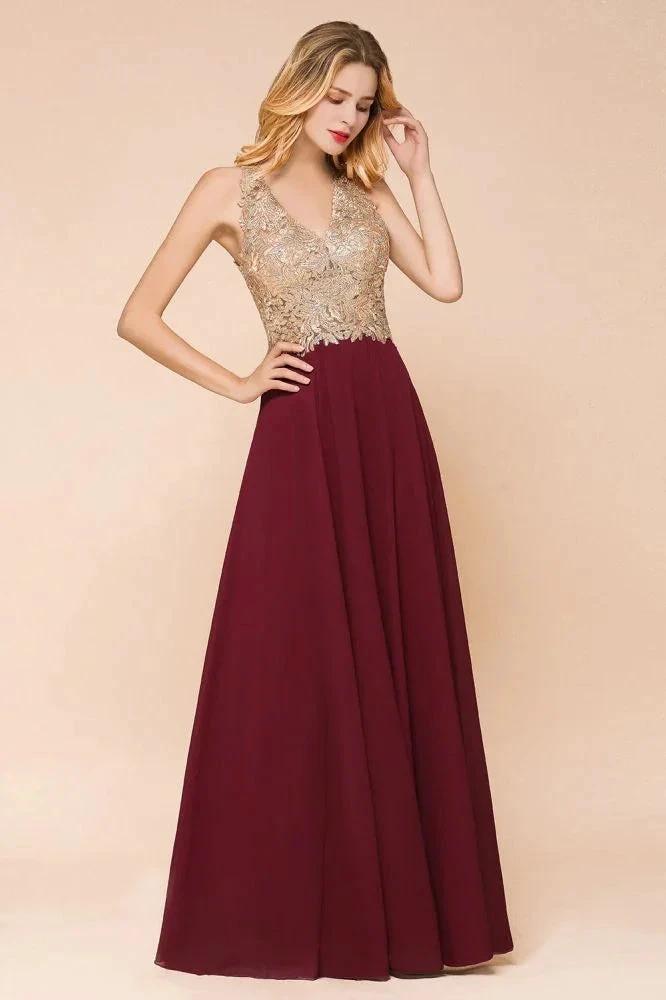 Women's Gold Appliques Evening Formal Dress Chiffon Lace Prom Long Ball Gown