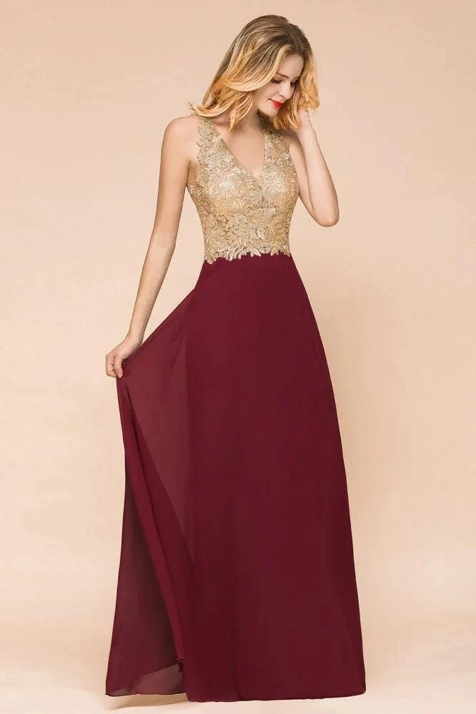 Women's Gold Appliques Evening Formal Dress Chiffon Lace Prom Long Ball Gown