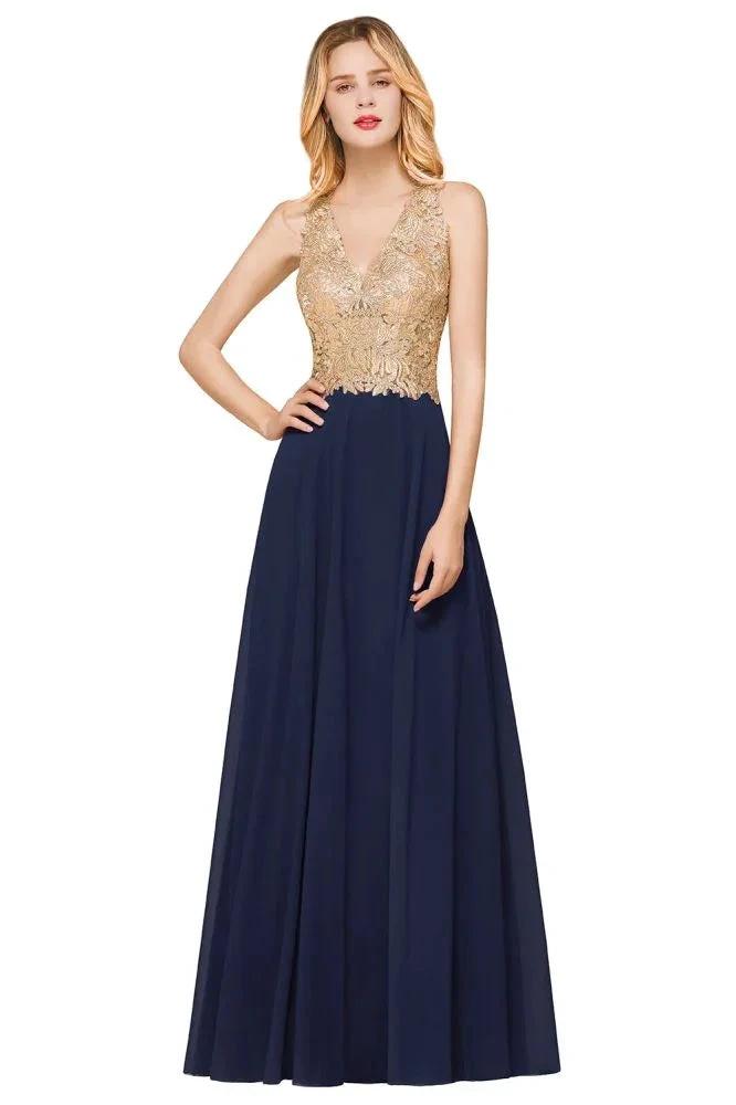 Women's Gold Appliques Evening Formal Dress Chiffon Lace Prom Long Ball Gown