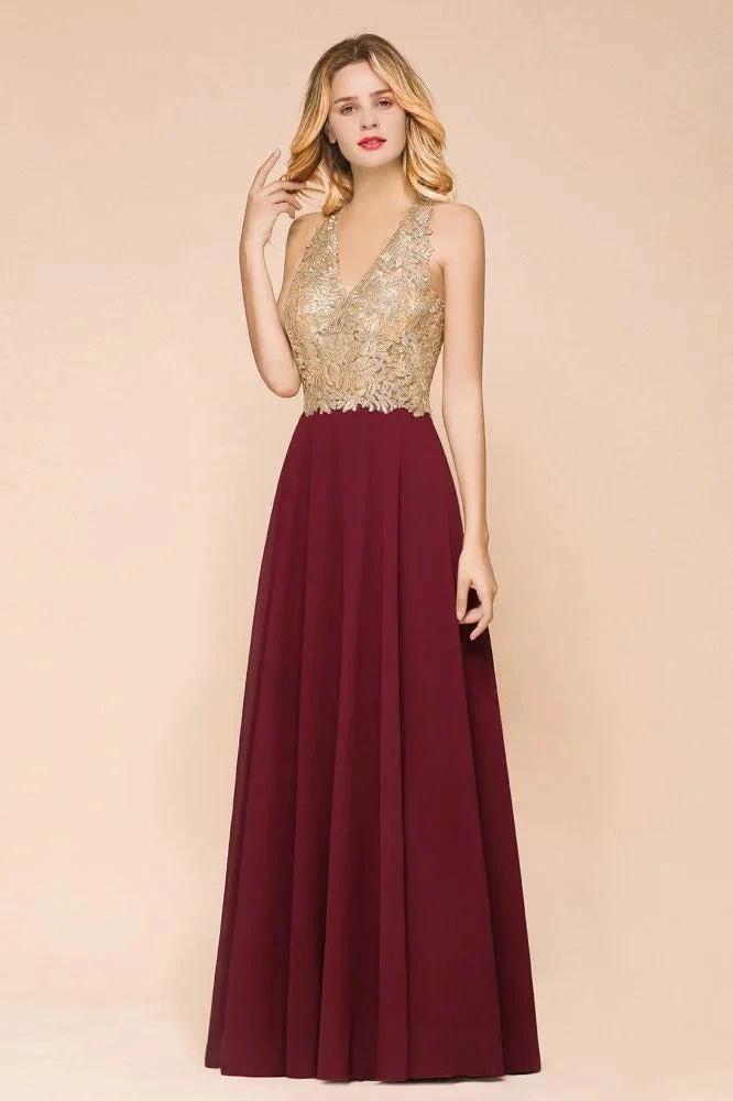 Women's Gold Appliques Evening Formal Dress Chiffon Lace Prom Long Ball Gown