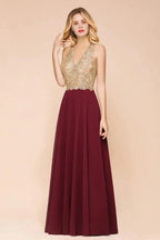 Women's Gold Appliques Evening Formal Dress Chiffon Lace Prom Long Ball Gown