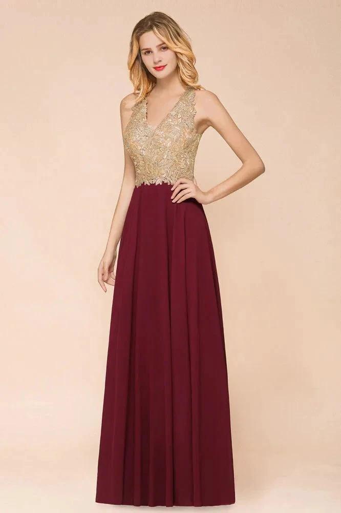 Women's Gold Appliques Evening Formal Dress Chiffon Lace Prom Long Ball Gown