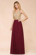 Women's Gold Appliques Evening Formal Dress Chiffon Lace Prom Long Ball Gown