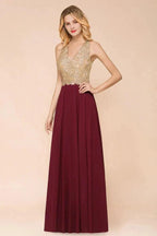 Women's Gold Appliques Evening Formal Dress Chiffon Lace Prom Long Ball Gown