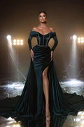 Modern Dark Green A-line Off-the-shoulder Long Sleeves Velvet Prom Dress With Slit