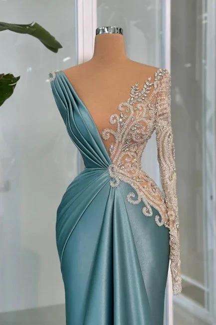 Modern Long Mermaid V-neck Lace Rhinestones Satin Long Sleeve Prom Dress