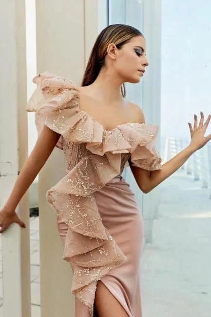 Modern Off-the-shoulder Evening Dress Long Pink Lace Prom Dresses With Slit