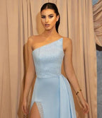 Modern One Shoulder Sequins A-Line Floor-length Split Prom Dress With Side Train