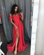 Modern Red A-Line Off-the-shoulder Long Prom Dress With Slit