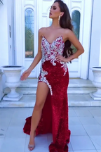 Modern Red Sleeveless Split Front Mermaid Prom Dress With Crystal